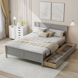 Wood Full Size Bed Frame with 2 Storage Drawers, Solid Wood Platform Bed with Headboard, Wooden Slats Mattress Foundation, No Spring Needed, Full Bed 