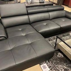 New Left Or Right Sectional.  Black, Tangerine, Grey Leather Match.  111”x68”x29”H.  Free Delivery!