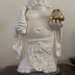 Porcelain Laughing Buddha Statue with Gold Pot Ornament