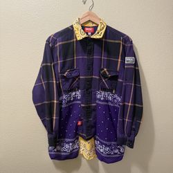 Women’s XL Rcnstrct Studio Upcycled Purple & Yellow Bandana Long Sleeve Flannel
