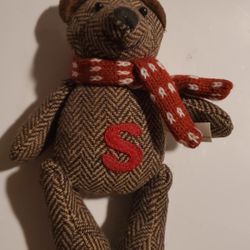 Old Fashioned Comfort Teddy Bear With Scarf.  Letter S On Chest