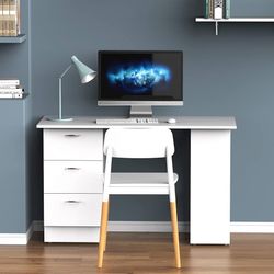 47" Modern Home Office Computer Desk Bookcase Combo Writing Table Workstation with 3 Drawer and Storage Shelf - White
