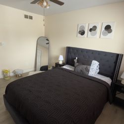 Black Upholstered Queen Bed Frame w/ Tufted Headboard (No Mattress)