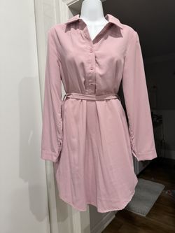 Blush Pink Shirt Dress Women's Small Long Sleeve Belted Button Front With Pockets
