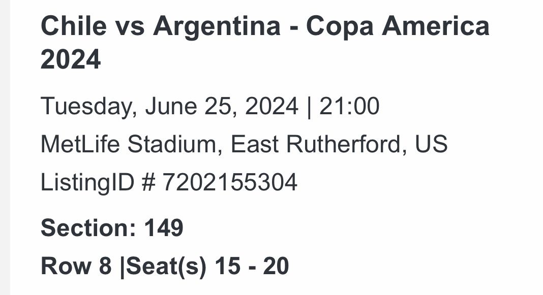 6 Tickets To Copa America : Chile vs Argentina