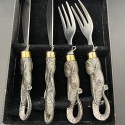 Vintage Arthur Court Elephant Handle 4pc Hostess Set Stainless Cheese Knife Fork