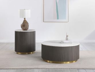New Modern 2-Piece Coffee Table Set | White Marble Top, Charcoal Reeded Base & Gold Accent | Round Coffee Table & End Table