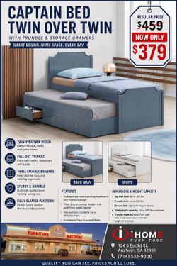 Twin  size captain bed w twin size trundle +3 storage drawers