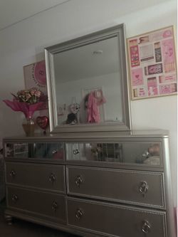 silver dresser and nightstand