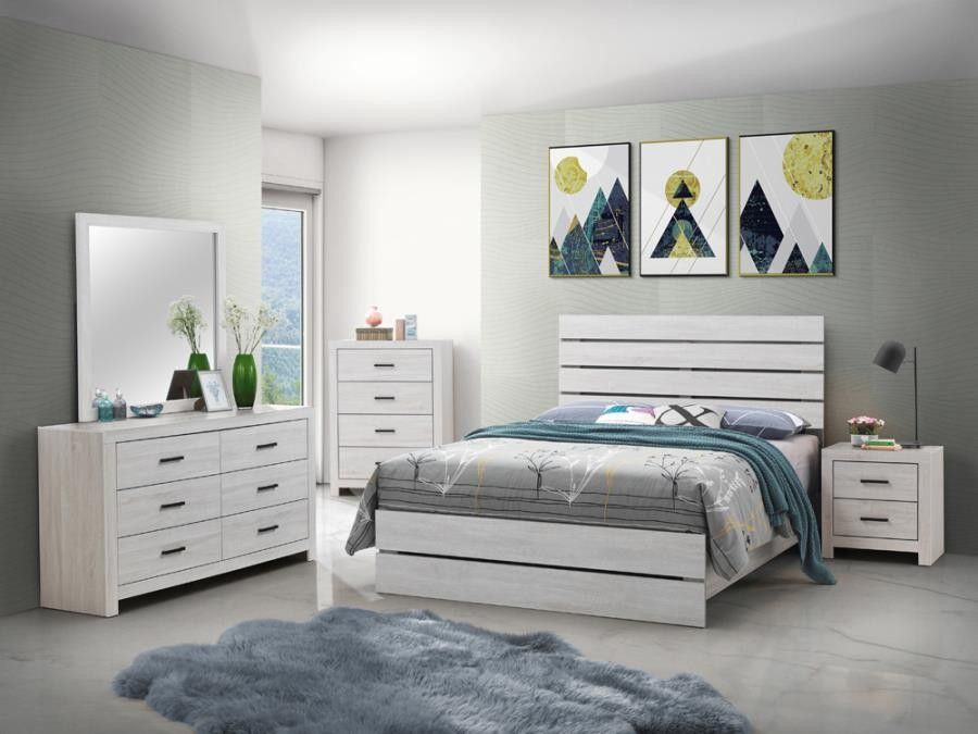 4 Piece Queen Bedroom Set Queen Bed Frame Dresser Mirror And Nightstand In Coastal White Color