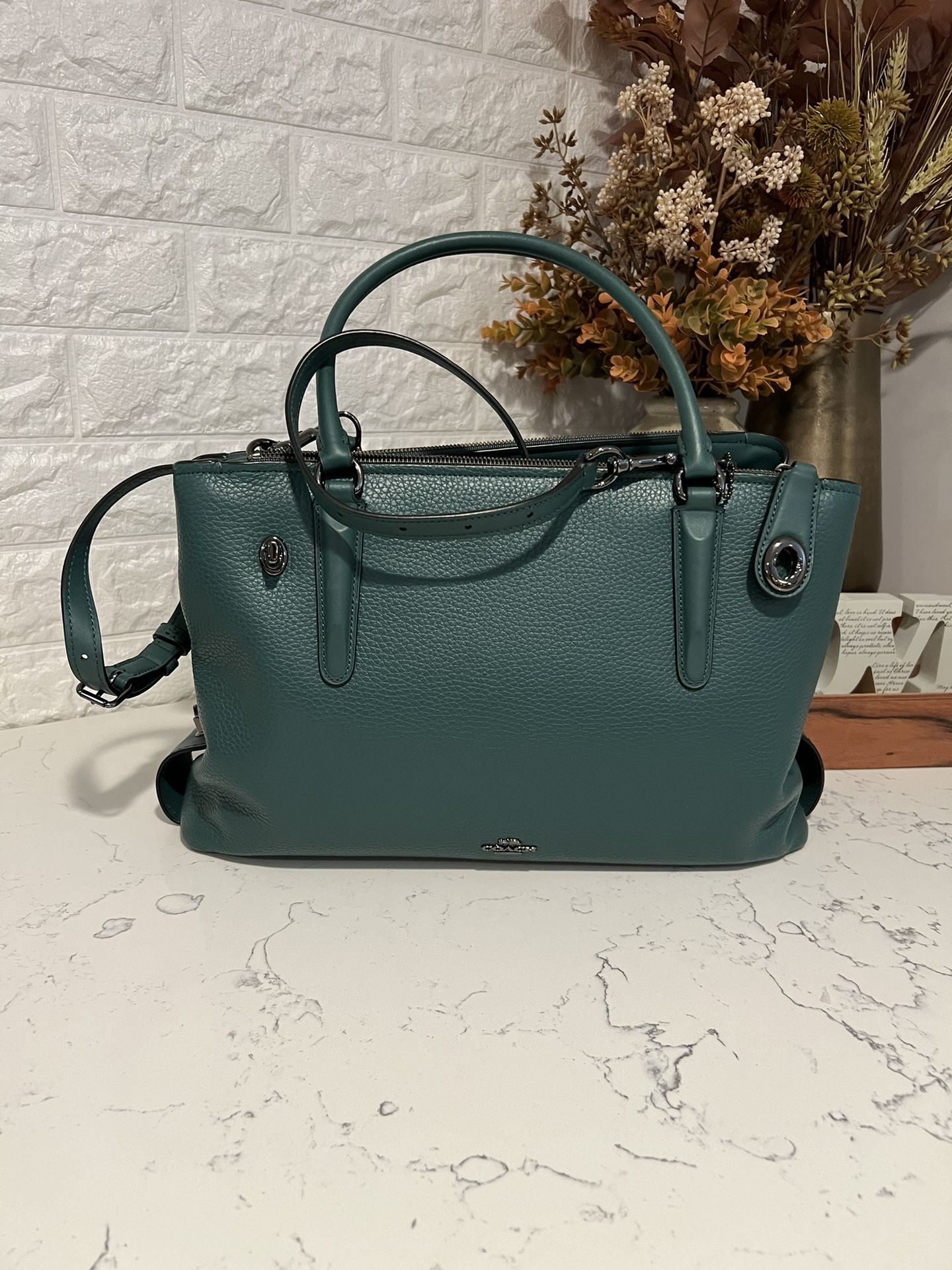 Coach Pebbled Brooklyn 34 Carryall Dark Turquoise