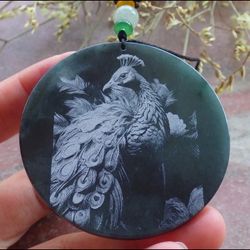  Certified Jadeite Jade 100987Green Pendant Peacock Laser Engraving