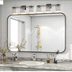 XRAMFY 36”x48” Black Aluminum Framed Rounded Wall Mirror