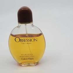 Vtg OBSESSION for men by Calvin Klein Cologne 4.0oz/125ml original 
formula 60%full.
Made in USA
Calvin Klein Cosmetics Corp. (used prior to 1989 )

W