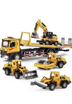 Kids Construction Toys, Semi Truck Toy with Electric Lift,5Pcs Metal Construction Vehicle Toys Set, Toy Truck with Trailer, Excavator Toys for Boys 3-