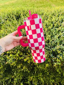 Pink and White Plaid Tumbler