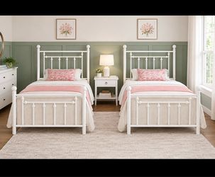 Set of 2pcs Twin Size Metal Platform Bed Frame, Vintage Headboard, White 45'' Tall Victorian Headboard/Footboard/Mattress Foundation/Under Bed Storage