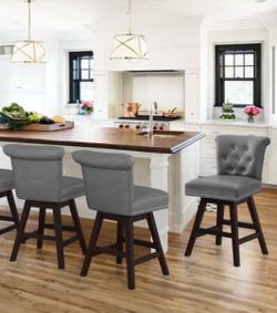 26 in. Dark Grey Faux Leather Swivel Barstool Solid Wood Counter Stool Nail Head Trim and Tufted Backrest Set of 3