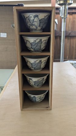 Vintage Japanese Kutani Ceramic Bowls - Set of 5 with Signed Box