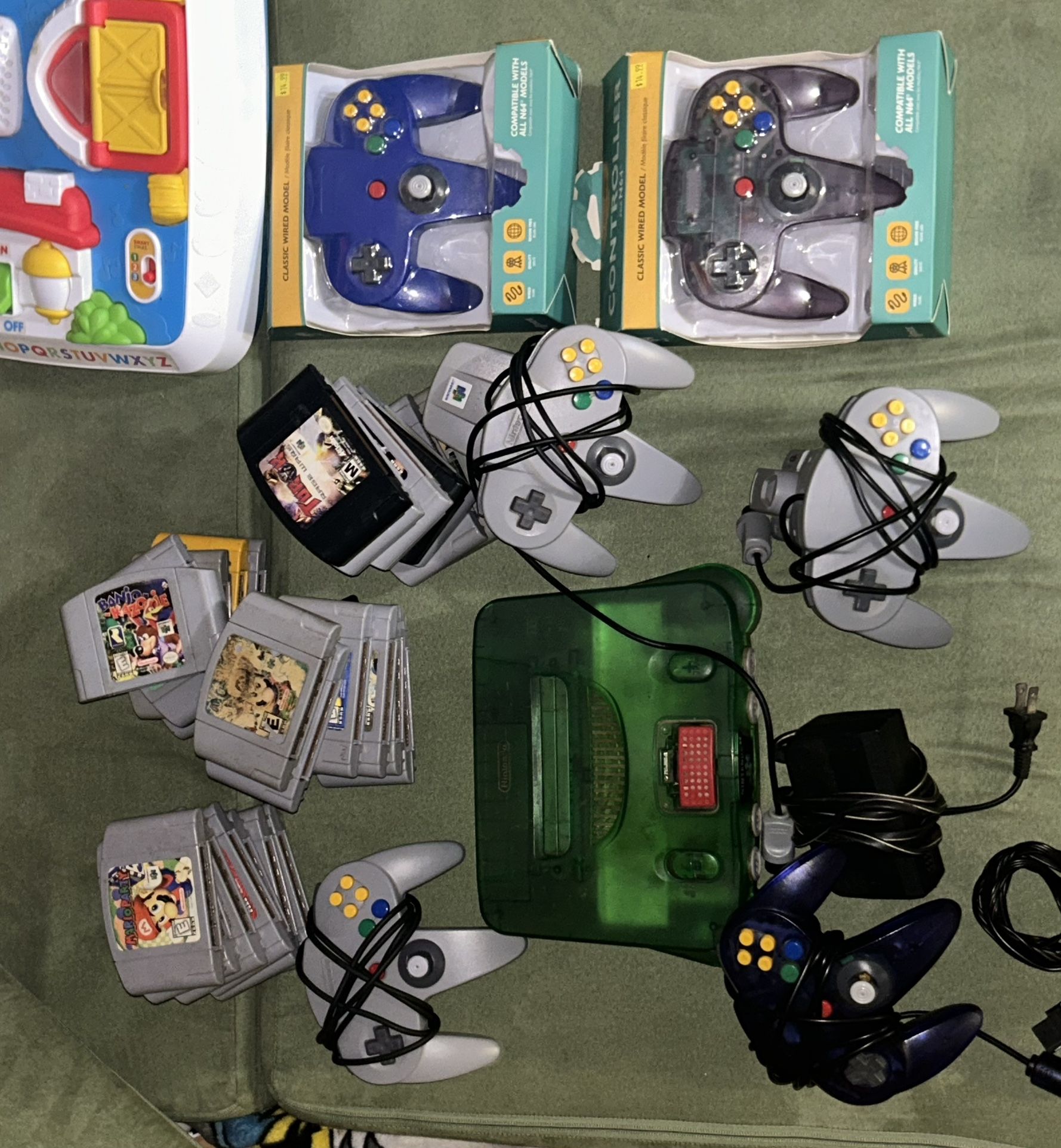 N64 Jungle Green Console With 6 Controllers 27 Games And More