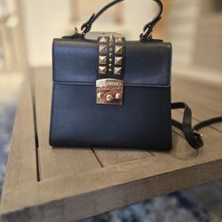 Chic Valentino Purse Black Leather w/ Gold Stud Details Top Handle Crossbody Bag