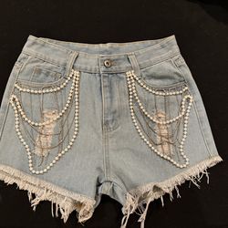 Denim shorts with Pearls and Diamond Chain attached