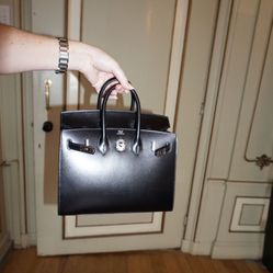 HERMES 25 BIRKIN SELLIER BLACK BOX CALF LEATHER PALLADIUM HARDWARE