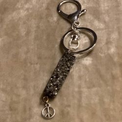 Slate Gray Titanium Coated Bar Tibetan Silver Peace Charm Silver Keychain