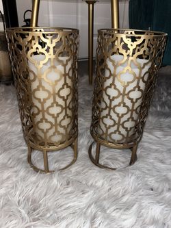2 Gold Candle Holders W/ Battery Operated Candles