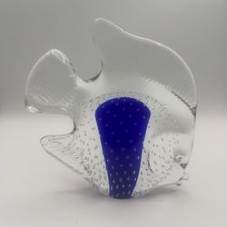 PATR 2000 Signed Art Glass Fish Sculpture Cobalt Blue Clear Bubbles 9”