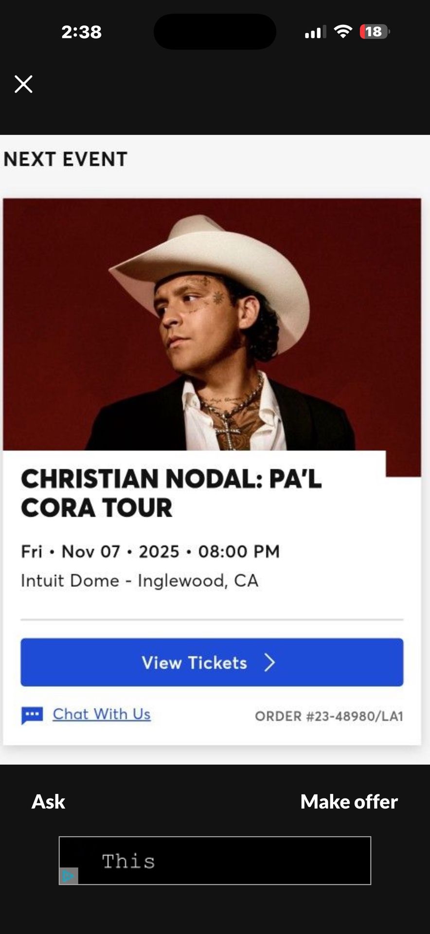4 VIP Suite Tickets + Parking Christian Nodal Concert Friday nov 7 
