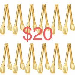 12 Pcs Gold Serving Tongs, Metal Buffet Tong Stainless Steel 9 Inch Utensils Small Tongs for Party Serving Appetizers Salad Steak Snack