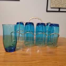 Vintage Mid Century Rare 8 Piece Glasswear In Gold Caddy