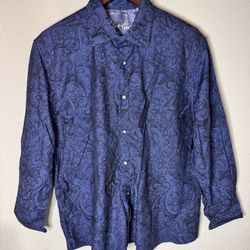 Robert Graham Men's XL Dark Blue Paisley Floral Flip Cuff Button Up Shirt