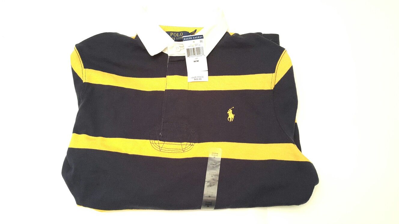 Polo Ralph Lauren Slim Fit Navy Blue Yellow Men's Rugby Sweater Size Medium