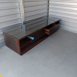 Rare 78 Inch Allora Leather Inlay Expresso Color TV Stand With Thick Glass top Z