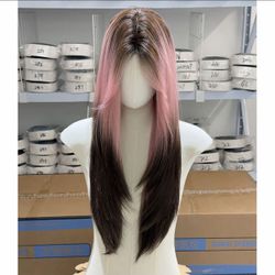 26 inch Chic Pink Gradient Dark Brown Wig
