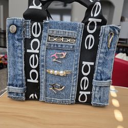 BEBE DENIM SATCHEL BAG WITH JEWELRY