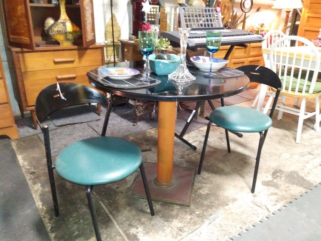 Black round cast iron base kitchen table + 2 chairs for sale