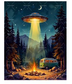 Fantasy Paint by Numbers Kit for Adults - DIY UFO Over Campfire Scene Painting on Canvas - NEW