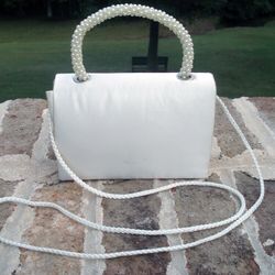 Silk Clutch with Pearl Handle and Shoulder Strap - Beige