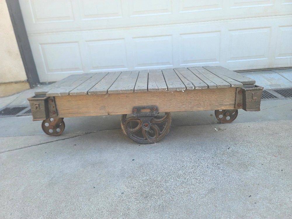 Antique Towsley Like Industrial Railroad Factory Cart Coffee Table