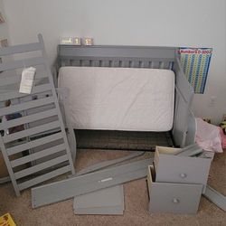 $100 - Gray Crib/ Toddler Bed With Side Changer And Drawers