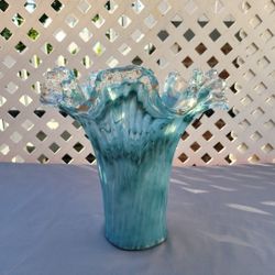 Murano Art Glass Ruffled Vintage Blue W/ Gold Flecks Preowned