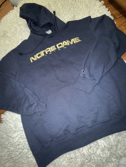 navy blue Champion Notre Dame Fighting Irish hoodie sweatshirt with yellow lettering Large on tag