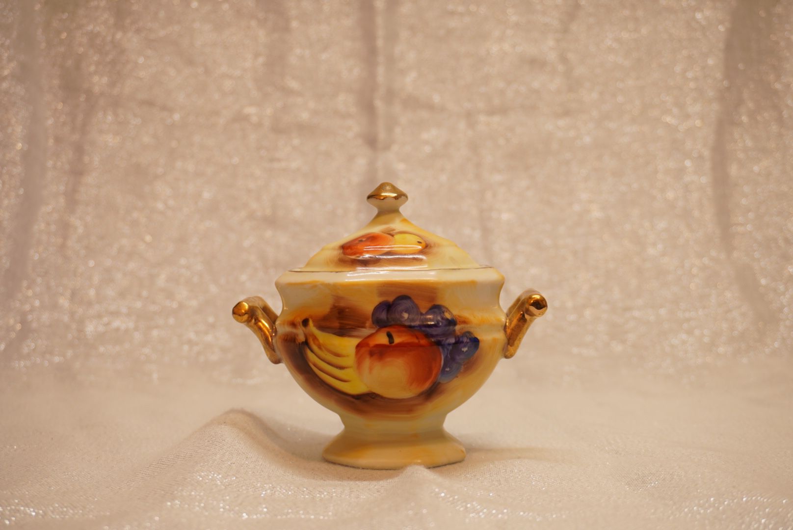 Vintage Enesco Sugar Condiment Bowl with Lid and Handpainted Fruit Design, Japan