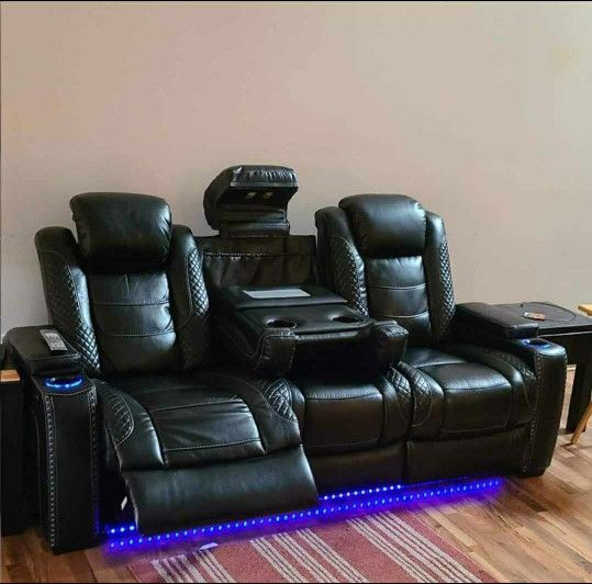 Party Time Black Power Reclining Sofa And Loveseat Home Theater Movie Seating 