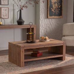 Rectangle Coffee Table with Solid Wood for Living Room, Large 2-Tier Rustic Coffee Table with Storage Shelf, Office and Apartment, Easy Assembly SKU: 