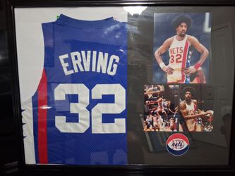 JULIUS "DR J" ERVING HALL OF FAMER WITH THE NEW YORK NETS STITCHED,BRANDED AUTHENTIC FRAMED JERSEY.