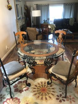 4’ Wide Beveled Glass , Iron And Wood Table